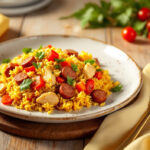 Arroz con pechuga y salchichas