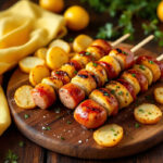 Brochetas de salchichas con salsa barbacoa