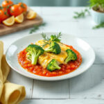 Brocoli gratinado con bechamel de queso sobre coulis de tomates maduros