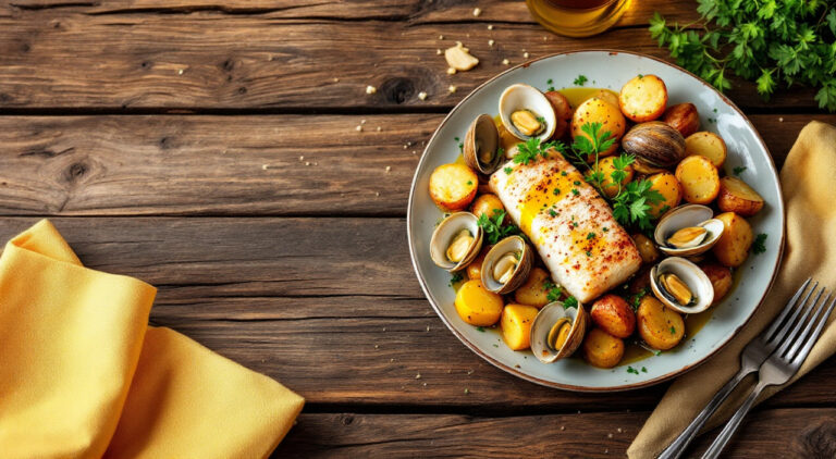 Filetes de rosada con almejas y patatas