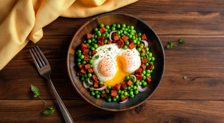 Guisantes con chorizo y huevo