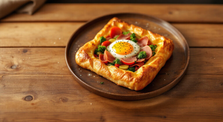 Hojaldre con huevos, tomate y jamón