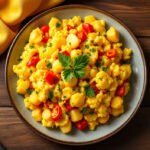 Huevos revueltos con patata y pimientos