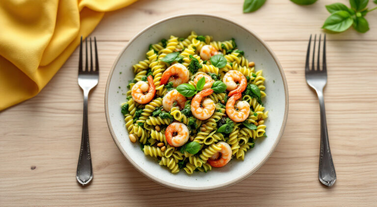 Pasta al pesto con gambas