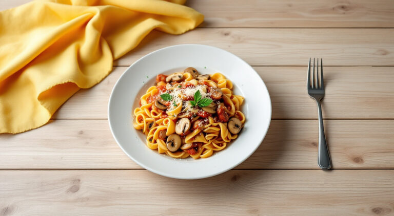 Pasta con salsa napolitana y setas