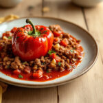 Pimientos rojos rellenos de carne en salsa de tomate