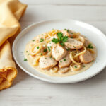 Tiras de pechuga de pollo en salsa